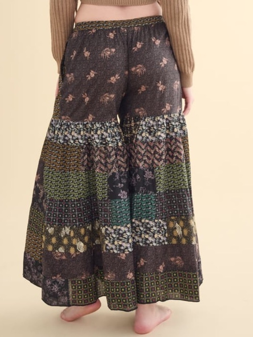 Wide Leg Boho Patchwork Palazzo Pants - Brown Multi - Picture 3 of 4